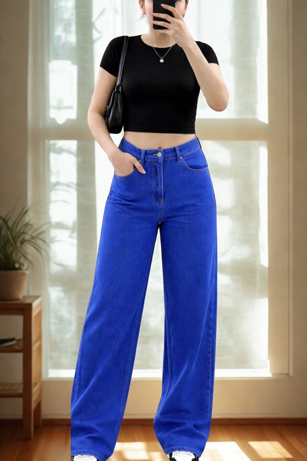 Kadın Retro Jean Pantolon- Saks Mavi