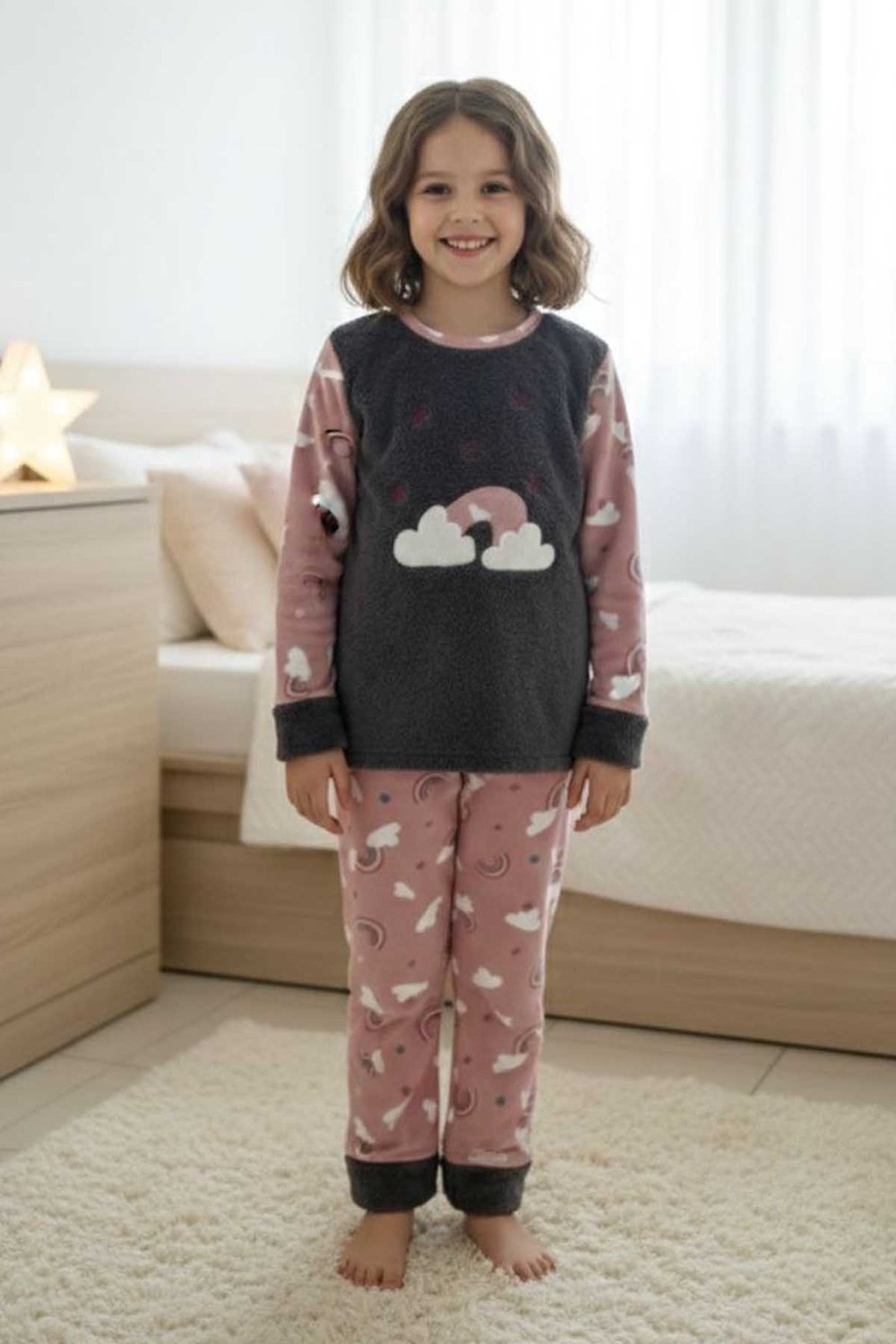 Kız Çocuk Polar Desenli Pijama Takımı - Gri