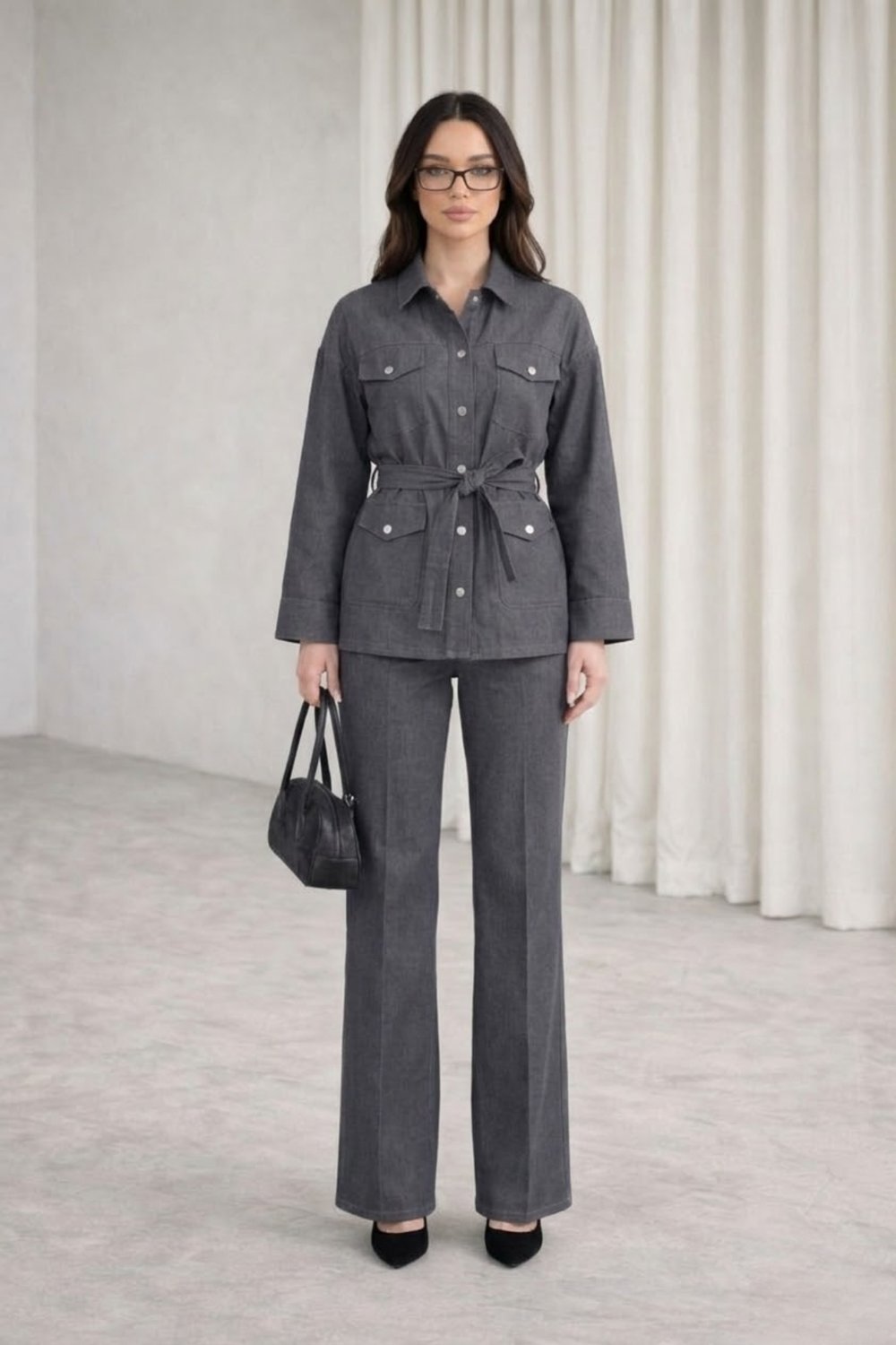 Kuşaklı Ceket- Pantolon Denim Takım- Füme
