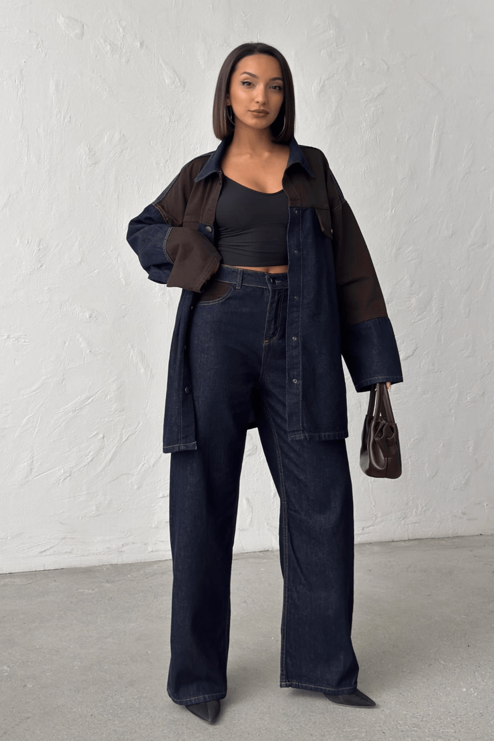 Kuşaklı Ceket- Pantolon Denim Takım- Kahverengi Lacivert