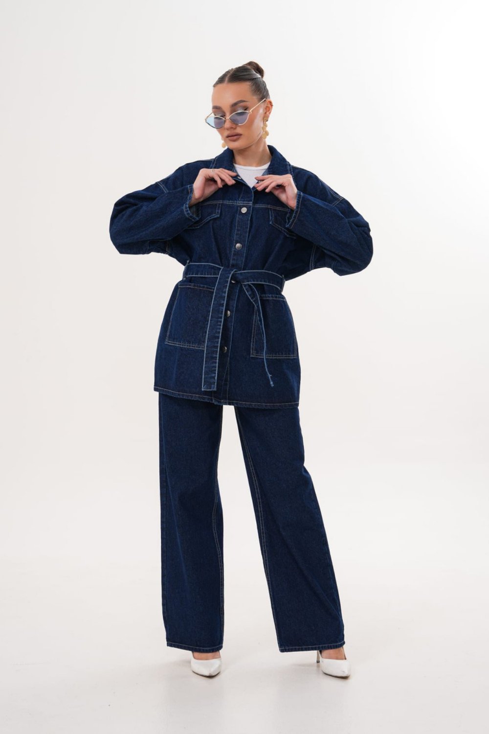Kuşaklı Ceket- Pantolon Denim Takım- Lacivert