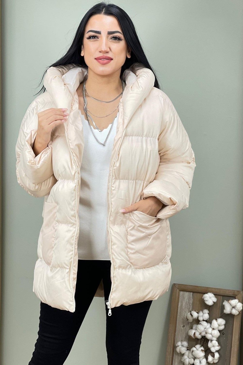 Oversize Şişme Mont Uzun Kalın su geçirmez Standart Beden Uyumlu bedenler 38-40-42-44)
