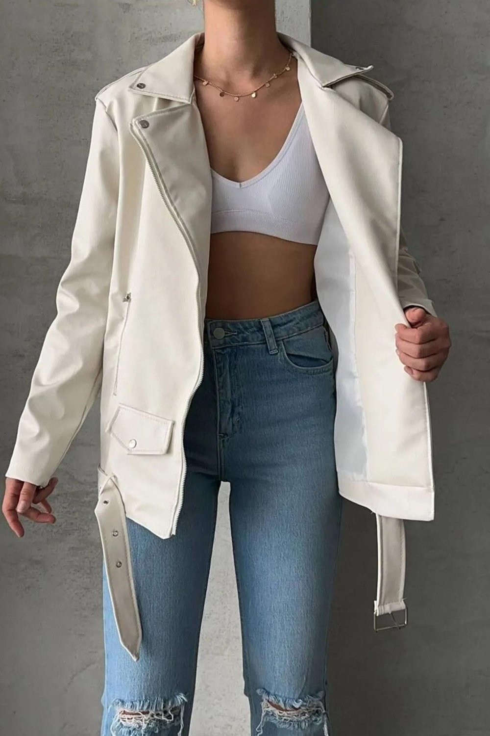 Yeni Sezon Kadın Oversize Cep Detay Kemerli Deri Ceket Mont-Beyaz