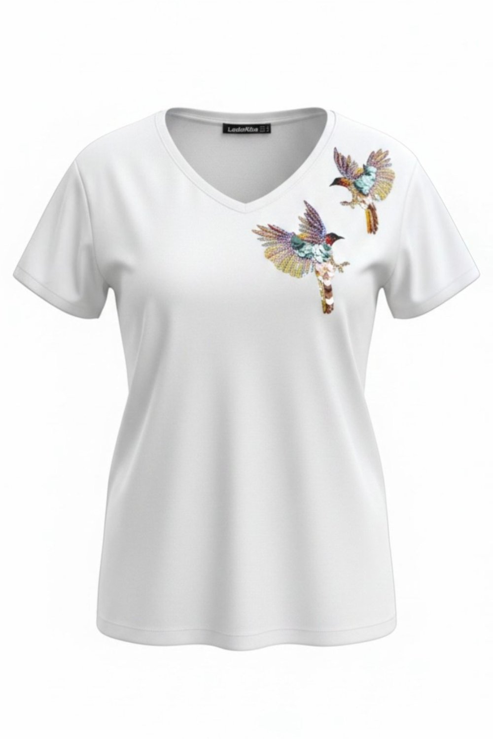 Kadın Beyaz V Yaka Kuş Desenli Taş ve Payet İşlemeli T-shirt