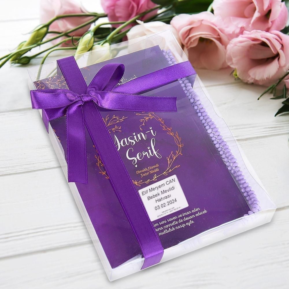 10 adet Ekonomik Yasin Kitabı ( Orta Boy ), Tesbih, Süslemeli Asetat Kutulu ( 25x18 ) cm 150 gr Mor
