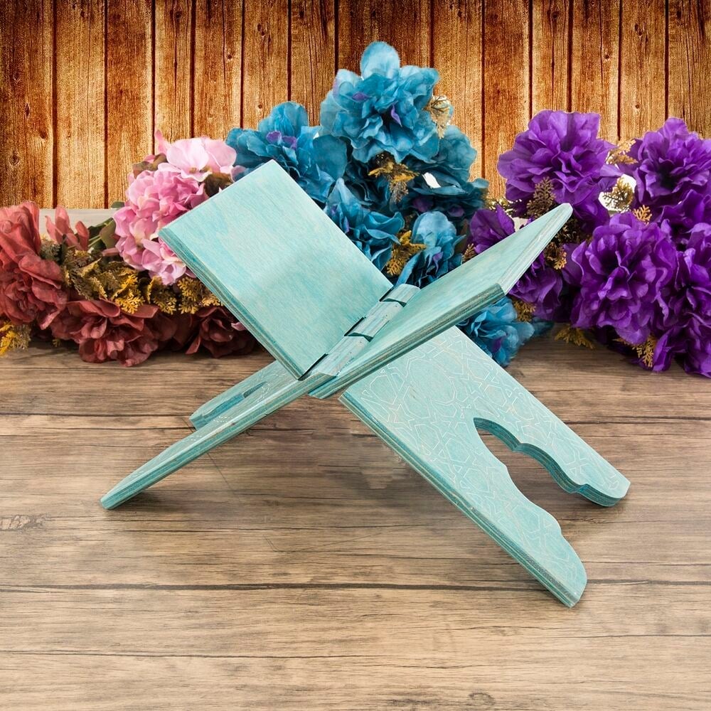 Çocuk Boy Ahşap Kitaplık ve Kuran Alıştırma Rahlesi 35*17 cm Rumi Desenli Mavi