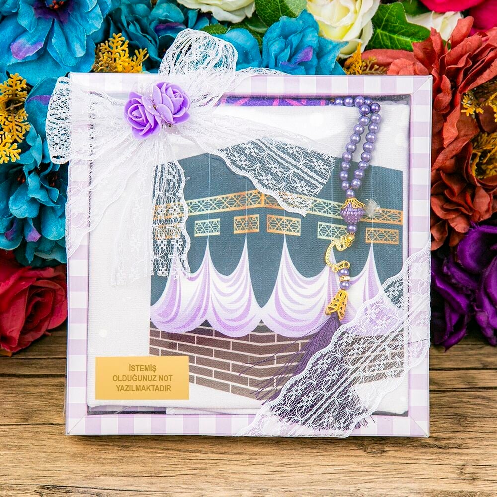 Çocuk Seccadesi 45*82 cm, İnci Tesbihli Asetat Kutulu Set-Mor