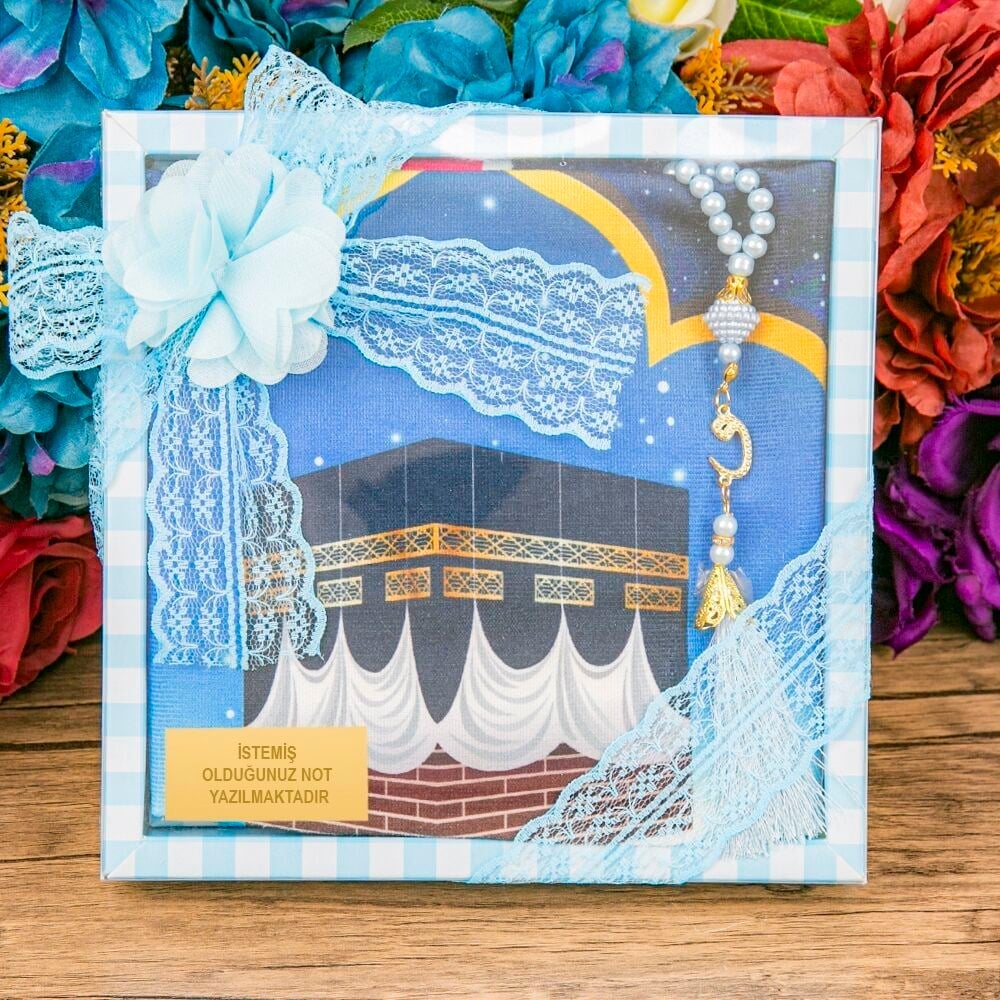 Çocuk Seccadesi 45*82 cm, İnci Tesbihli Asetat Kutulu Set-Mavi