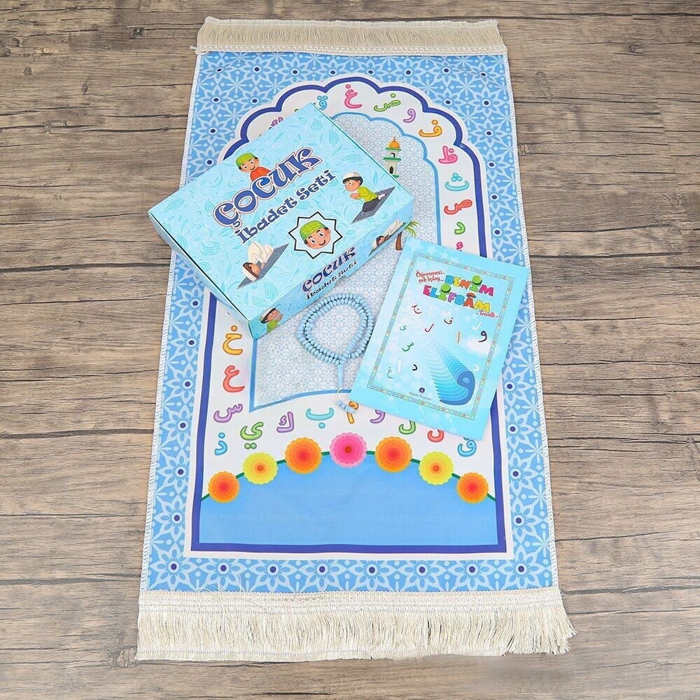 Çocuk Seccadesi ve Eğitici Kitabı Namaz Seti  - Mavi 45x82 cm - 110 gr - Tesbih