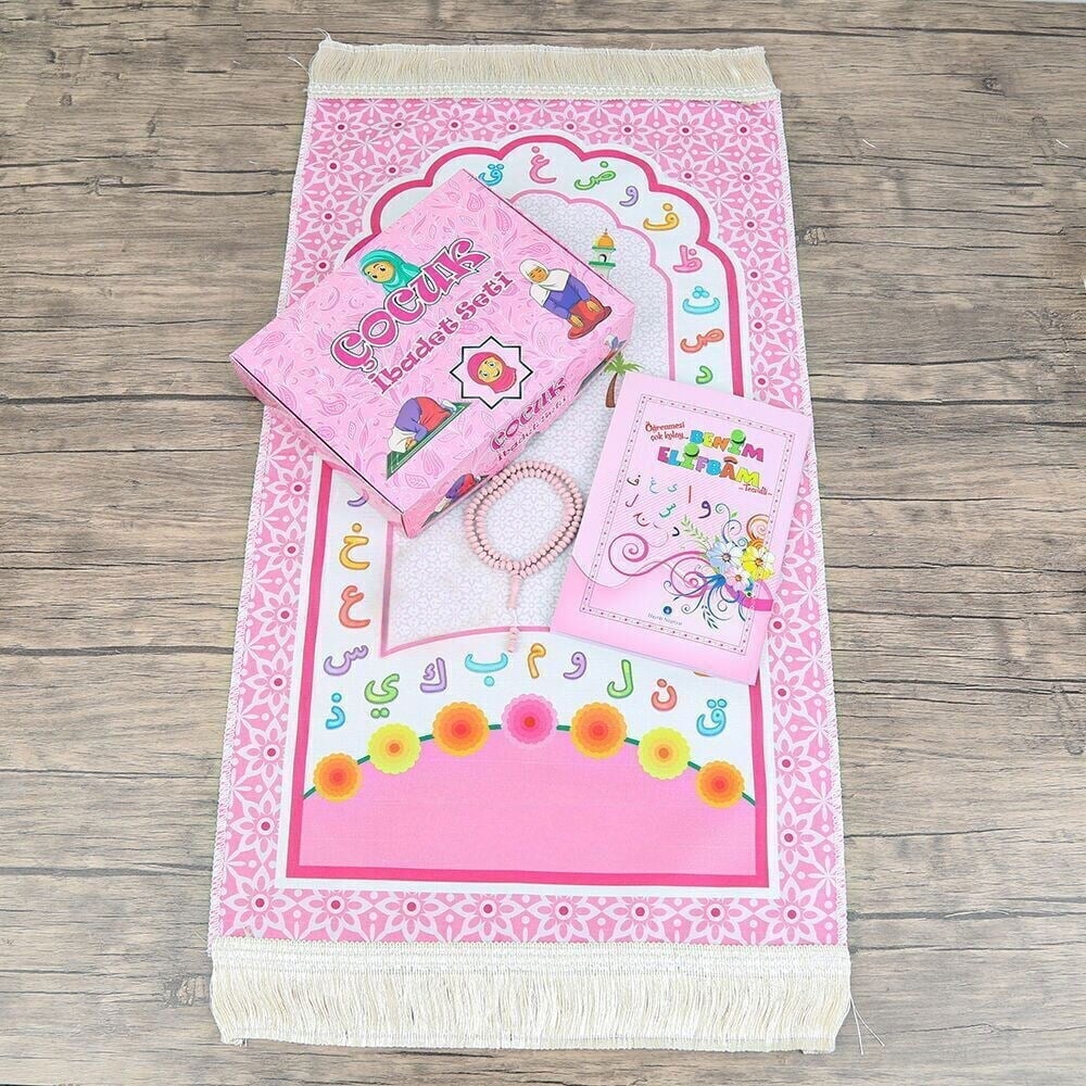 Çocuk Seccadesi ve Eğitici Kitabı Namaz Seti  -Seccade Ölçü Pembe 45x82 cm - Tesbih