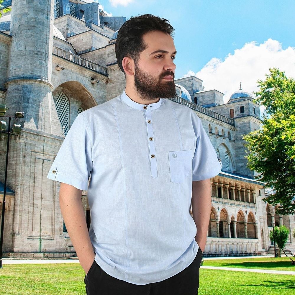 Hac ve Umre İçin Gömlek Kısa Kollu Mavi Hakim Yaka Keten Görünümlü Terletmeyen % 100 Pamuk Yazlık