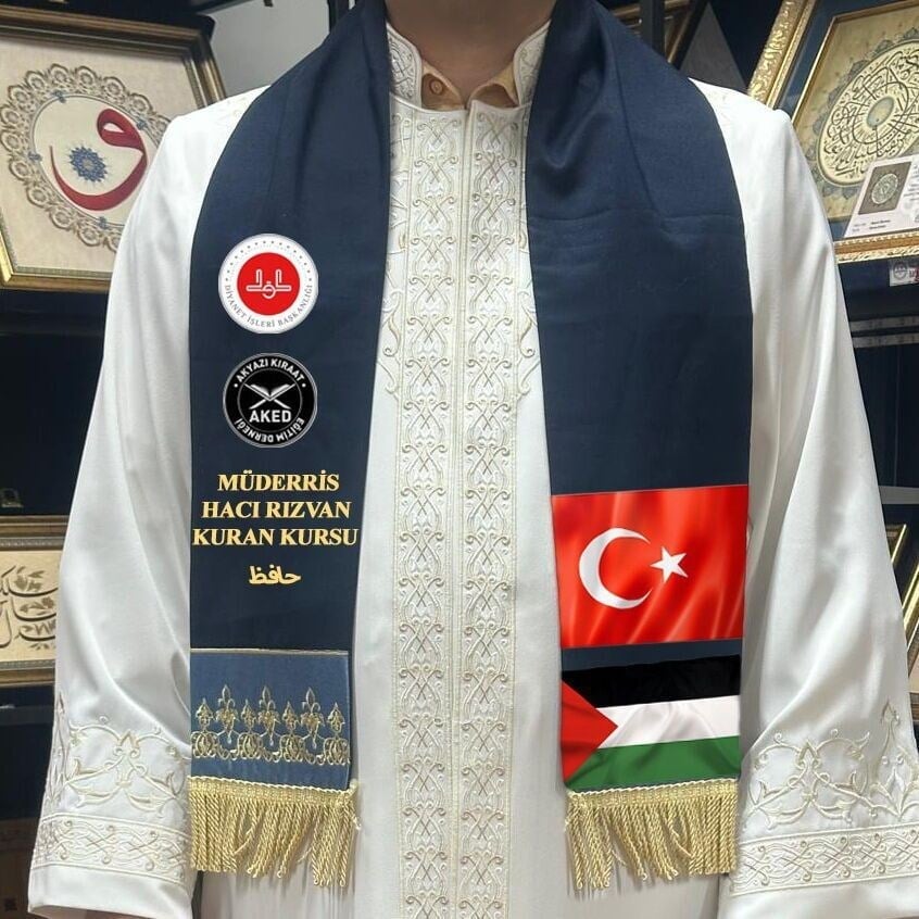 Hafızlık İcazet Atkısı Kurslara Özel Türk ve Filistin Bayraklı Nakışlı