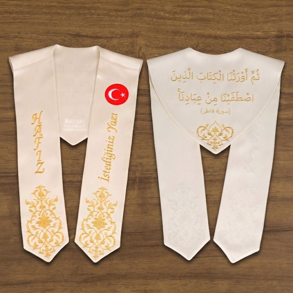 Hafızlık İcazet Atkısı Türk B.-İsme Özel Gold Nakışlı-Krem