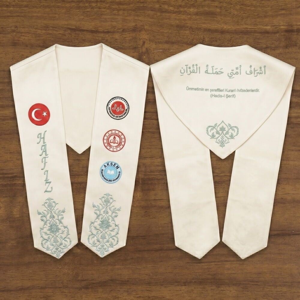 Hafızlık İcazet Atkısı Türk-Diyanet-Meb Logo İşlemeli Kursa Özel Su Yeşili Nakışlı-Krem