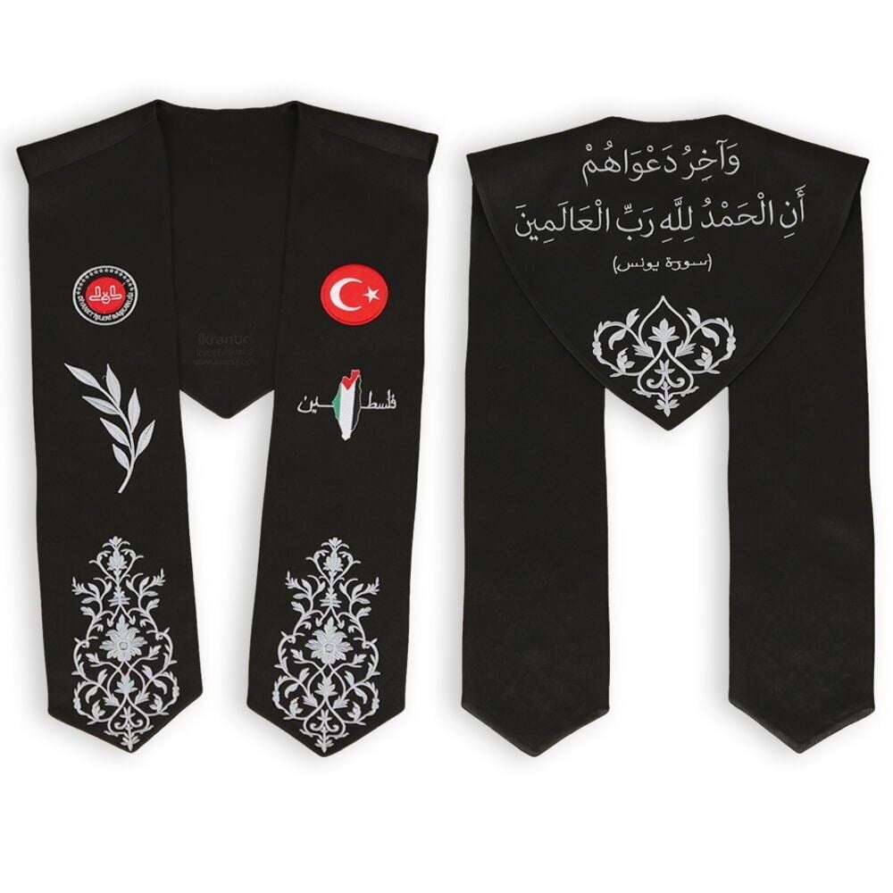 Hafızlık İcazet Atkısı Türk-Filistin Bayrak Yaprak İşlemeli Beyaz Nakış-Siyah