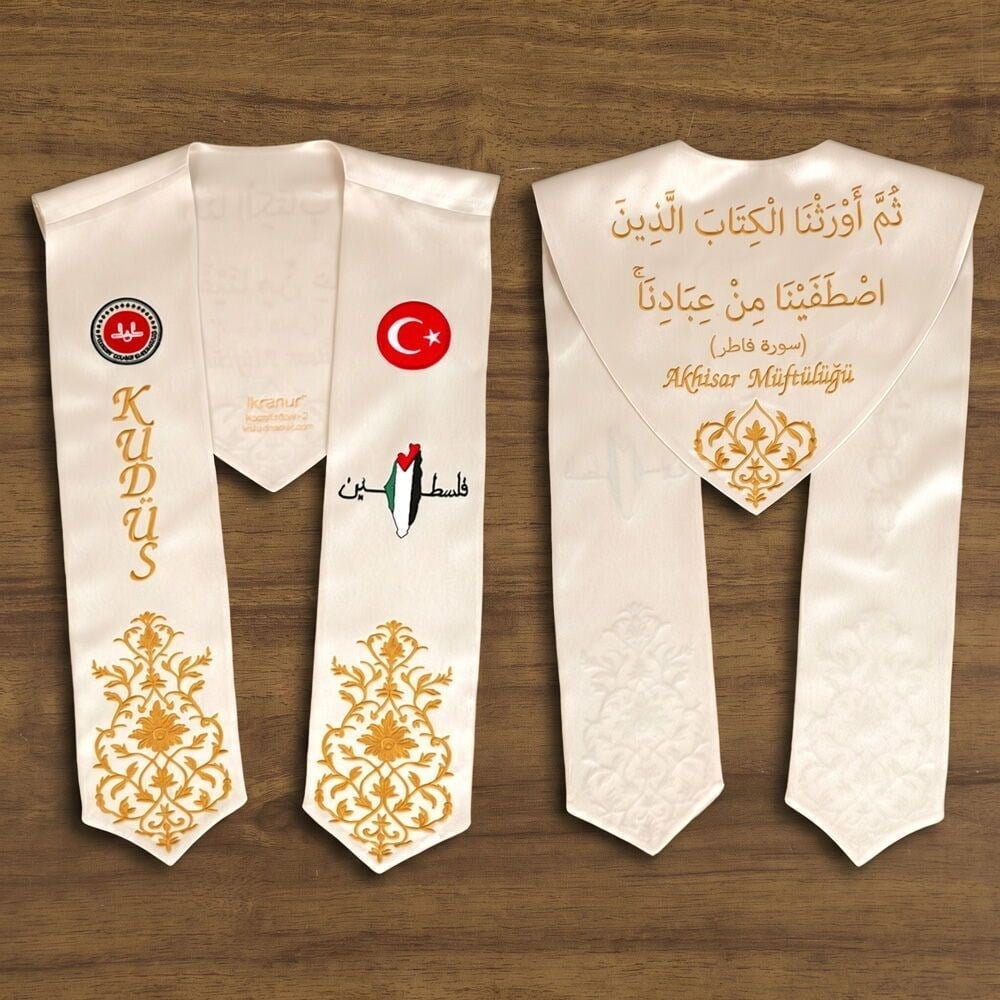 Hafızlık İcazet Atkısı Türk-Filistin-Diyanet Kursa Özel Gold Nakışlı-Krem