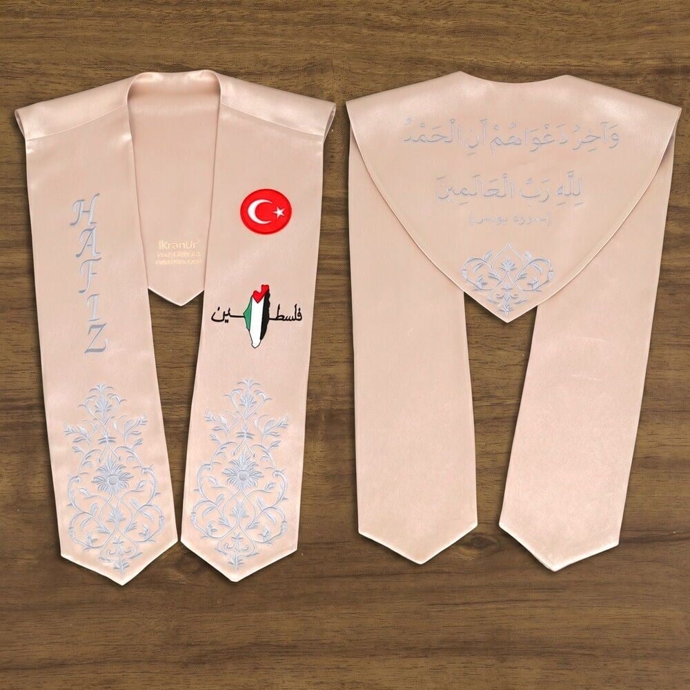 Hafızlık İcazet Atkısı Türk Filistin Logo İşlemeli Gümüş Nakışlı Atkı-Vizon