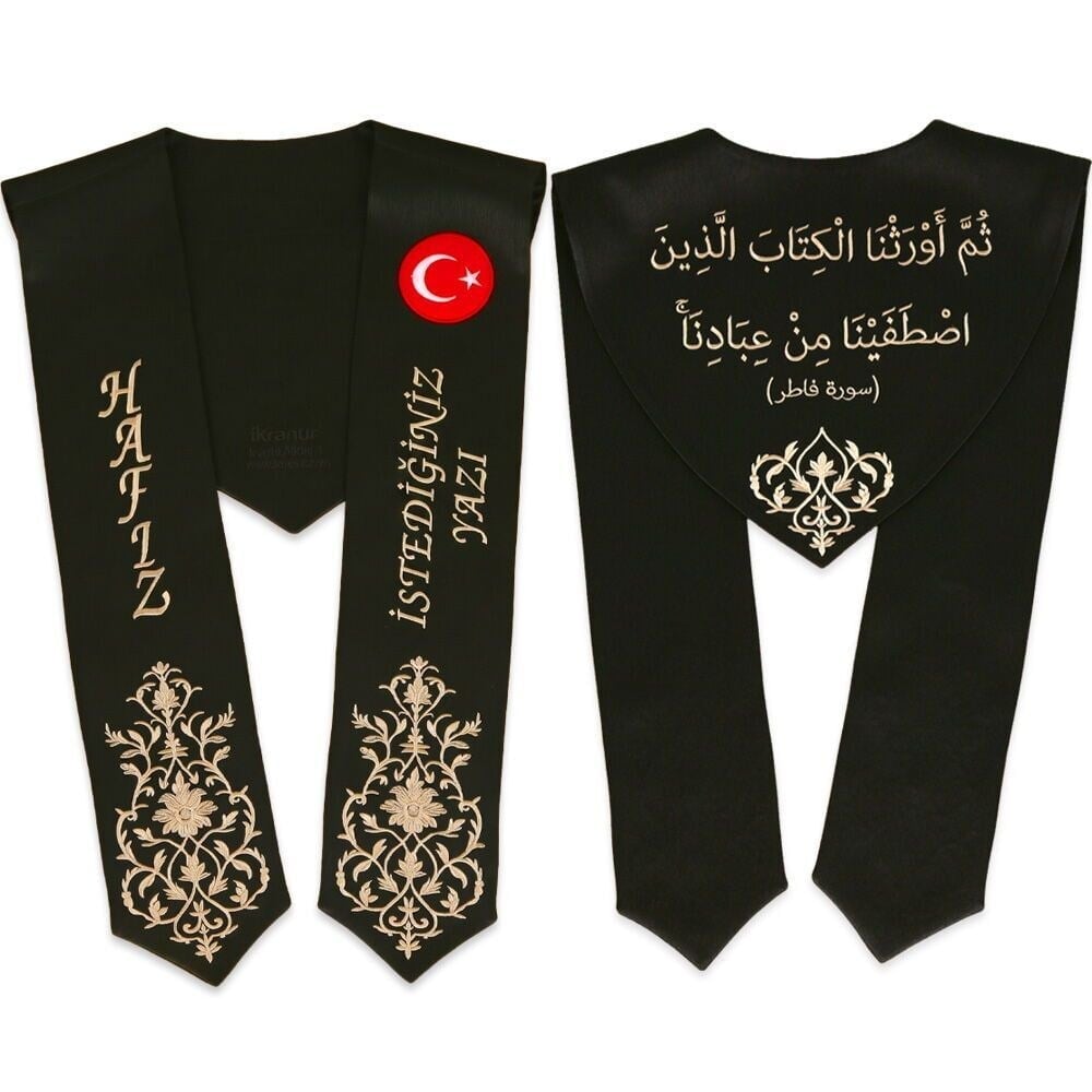 Hafızlık İcazet Merasim Atkısı Türk Bayraklı-İsme Özel Vizon Nakışlı-Siyah