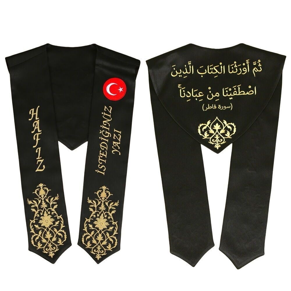 Hafızlık İcazet Merasim Atkısı Türk Bayraklı-İsme Özel Gold Nakışlı-Siyah