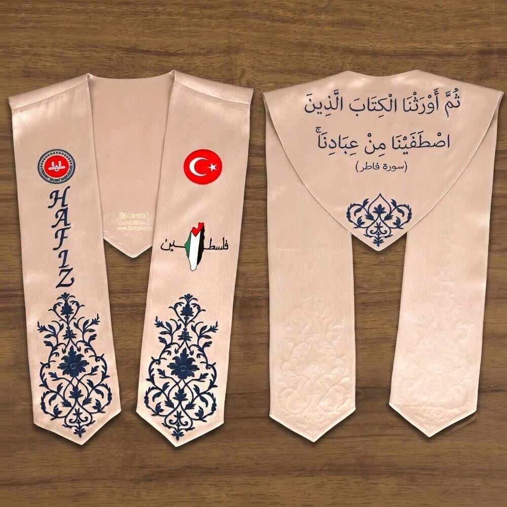 Hafızlık İcazet Merasim Atkısı Türkiye-Filistin-Diyanet Bayrak İşlemeli,Lacivert Nakışlı-Vizon