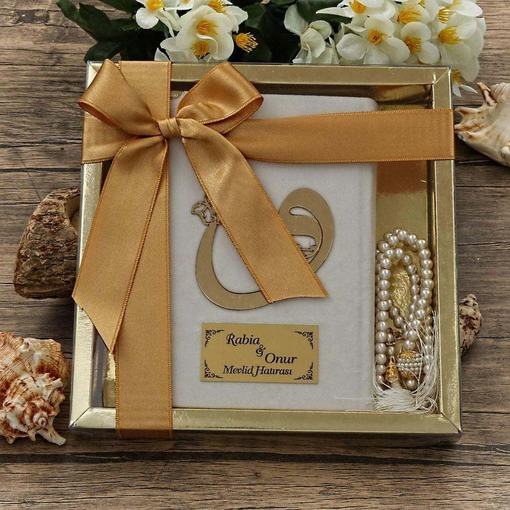 Hediyelik Kadife Kur'an-ı Kerim, İnci Tesbih, Gold Asetat Kutulu (20×20) Dini Set