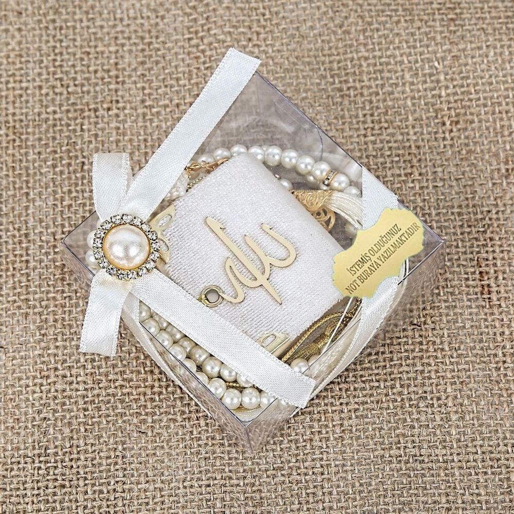 Hediyelik Mini Kuran, İnci Tesbihli Kare Kutulu Set-Beyaz