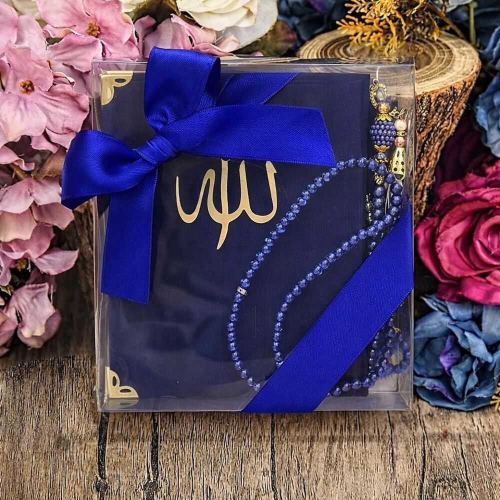 Hediyelik Şantuk Yasin Kitabı, İnci Tesbih, Süslemeli Asetat Kutulu (17×15) Dini Set-Lacivert