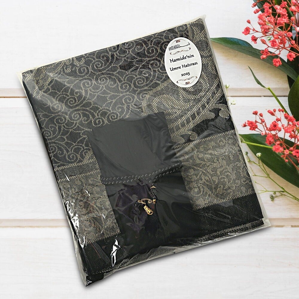 Hediyelik Umre Paketi Tafta Seccade, Pamuklu Şal, İnci Tesbih -Siyah (329 gr,30*33 cm) Etiket Hediyeli