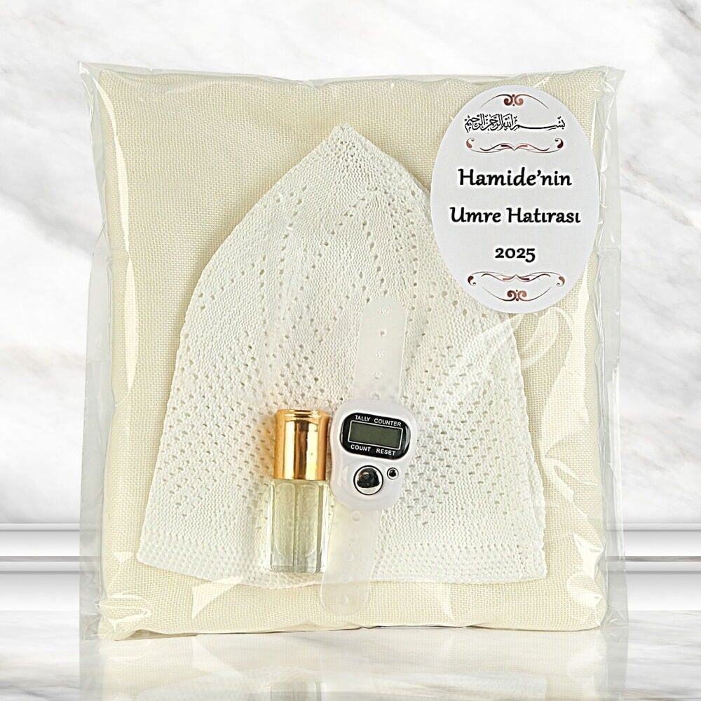 Hediyelik Umre paketi Krem Pamuklu Şal, Lüks Rabia Takke, Zikirmatik, Alkolsüz Esans 3 ml-167 gr