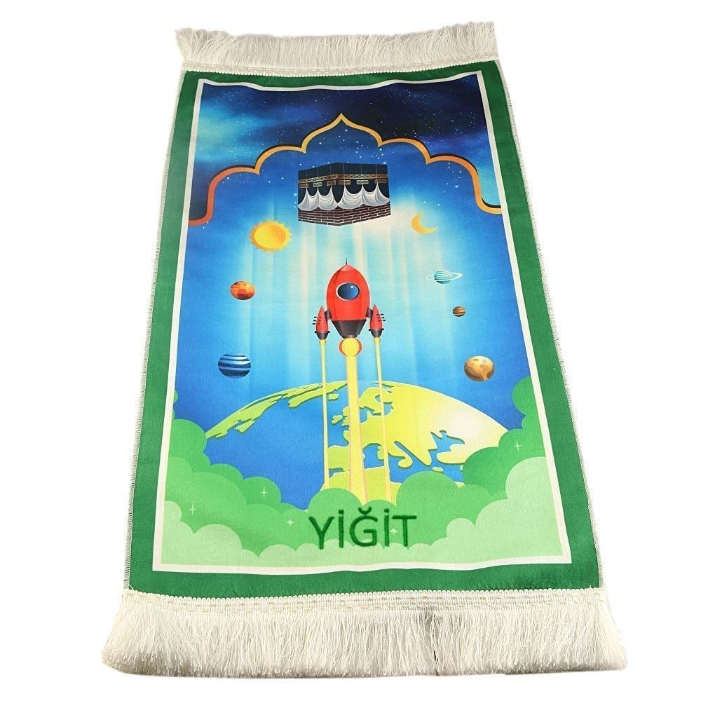 İsme Özel Çocuk Seccadesi Roket - Yeşil 82×45 cm 110 gr - Tesbih Hediyeli