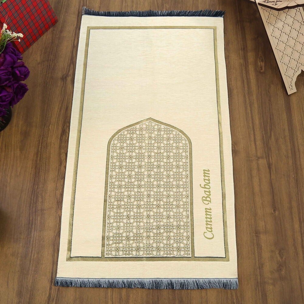 İsme Özel Selçuklu Desenli Lüks Şönil Seccade-Krem (66x120 cm) 520 gr
