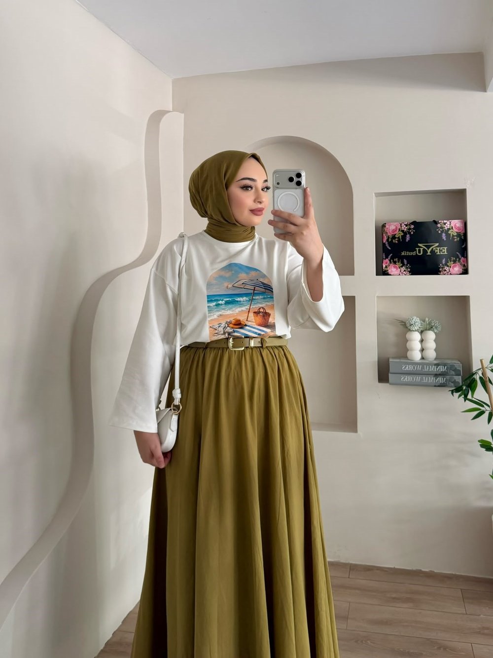 Beach Baskılı Oversize Bluz