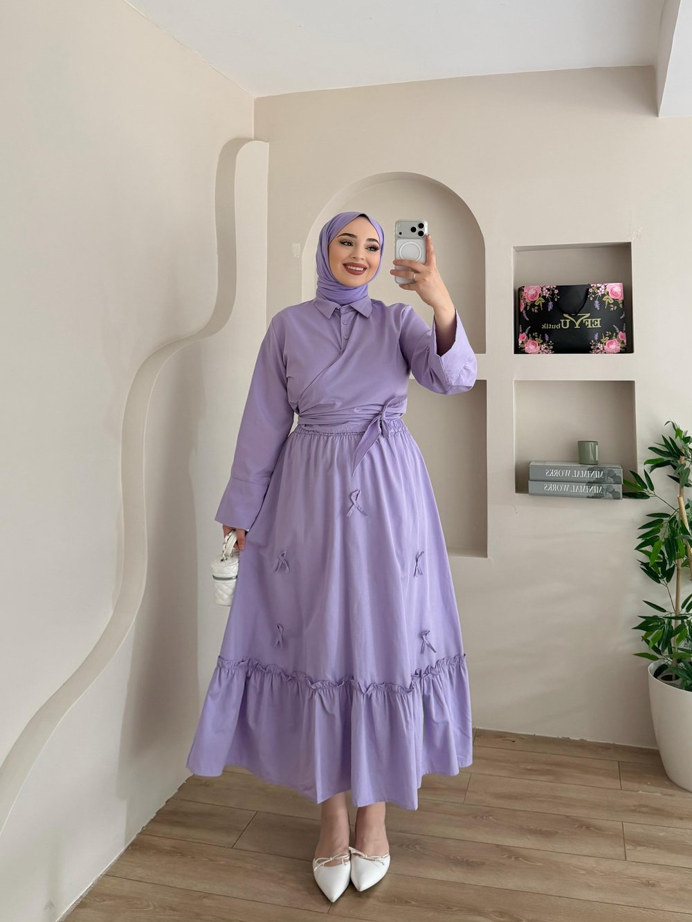Ruffle Kurdele Detay Bağlamalı Etekli Takım