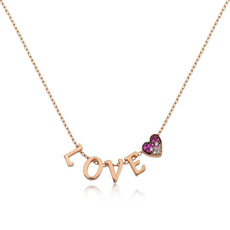 Gümüş Rose Kalpli Love Bayan Kolye