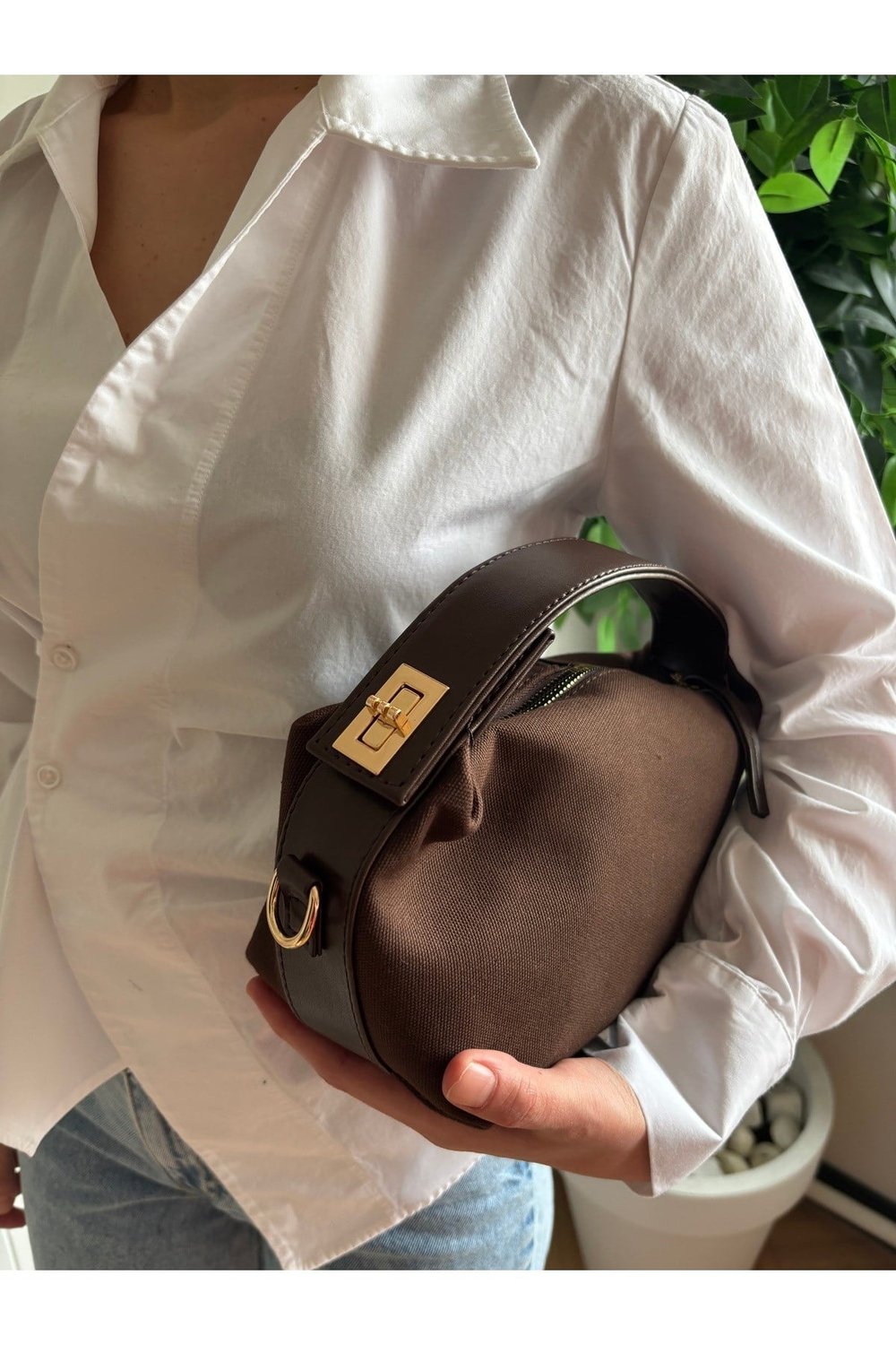 Kadın Lilyum Model Kilit Detaylı Keten El & Çapraz Çanta
