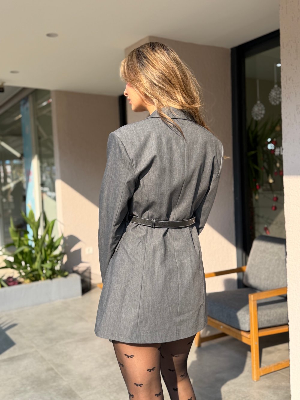 Cora Kendinden Kemeerli Blazer Elbise Gri