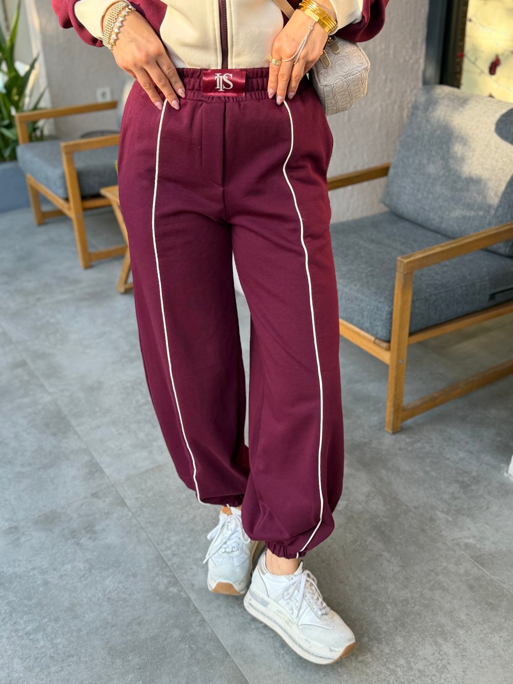  Nina Bordo Krem Ceket Pantolon Eşofman Takımı