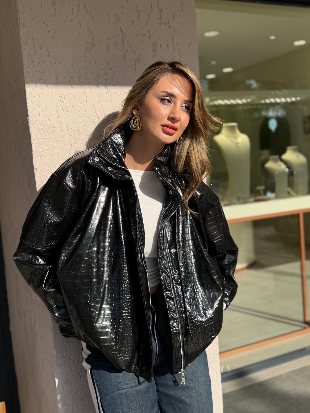 Alara Oversize Balon Deri Ceket Siyah