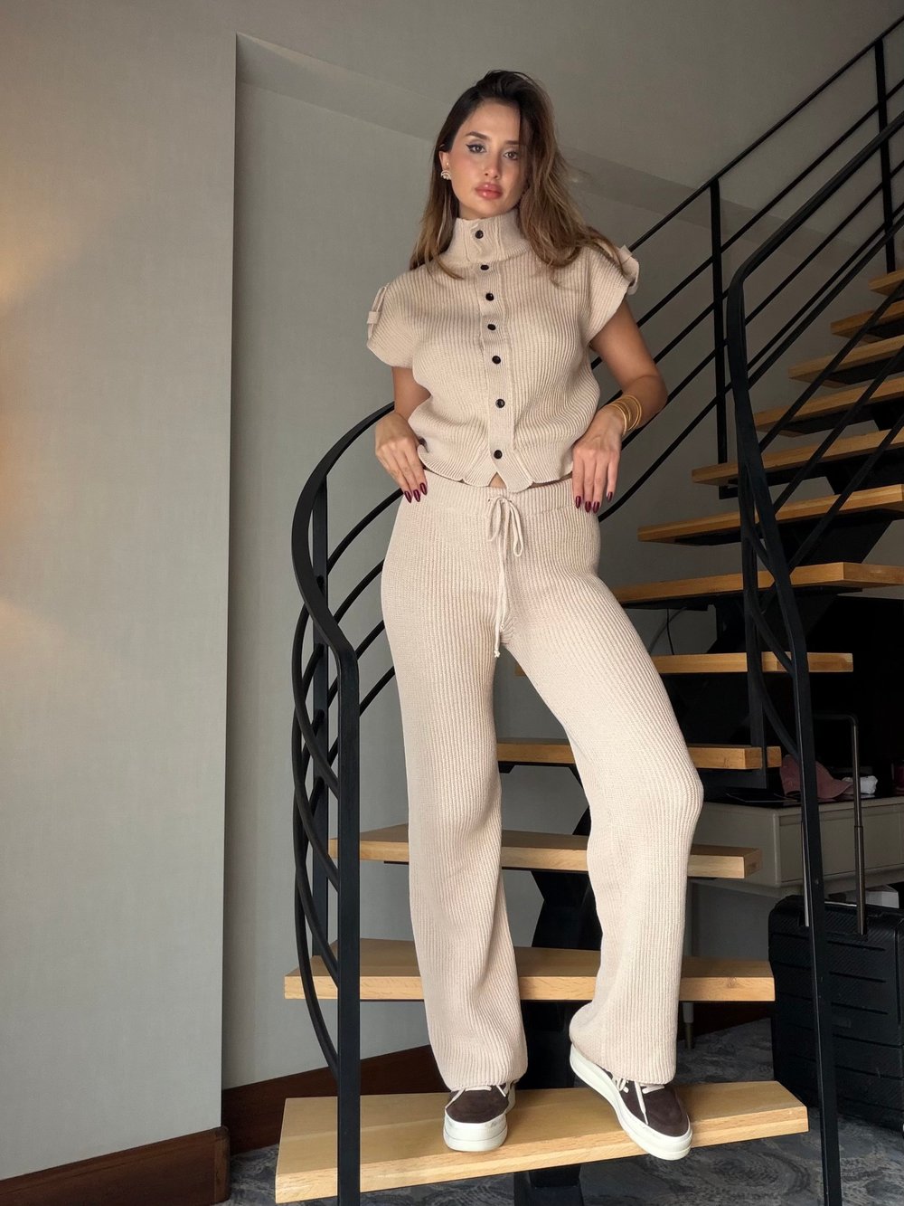 Balerina Yelekli Triko Takım Bej
