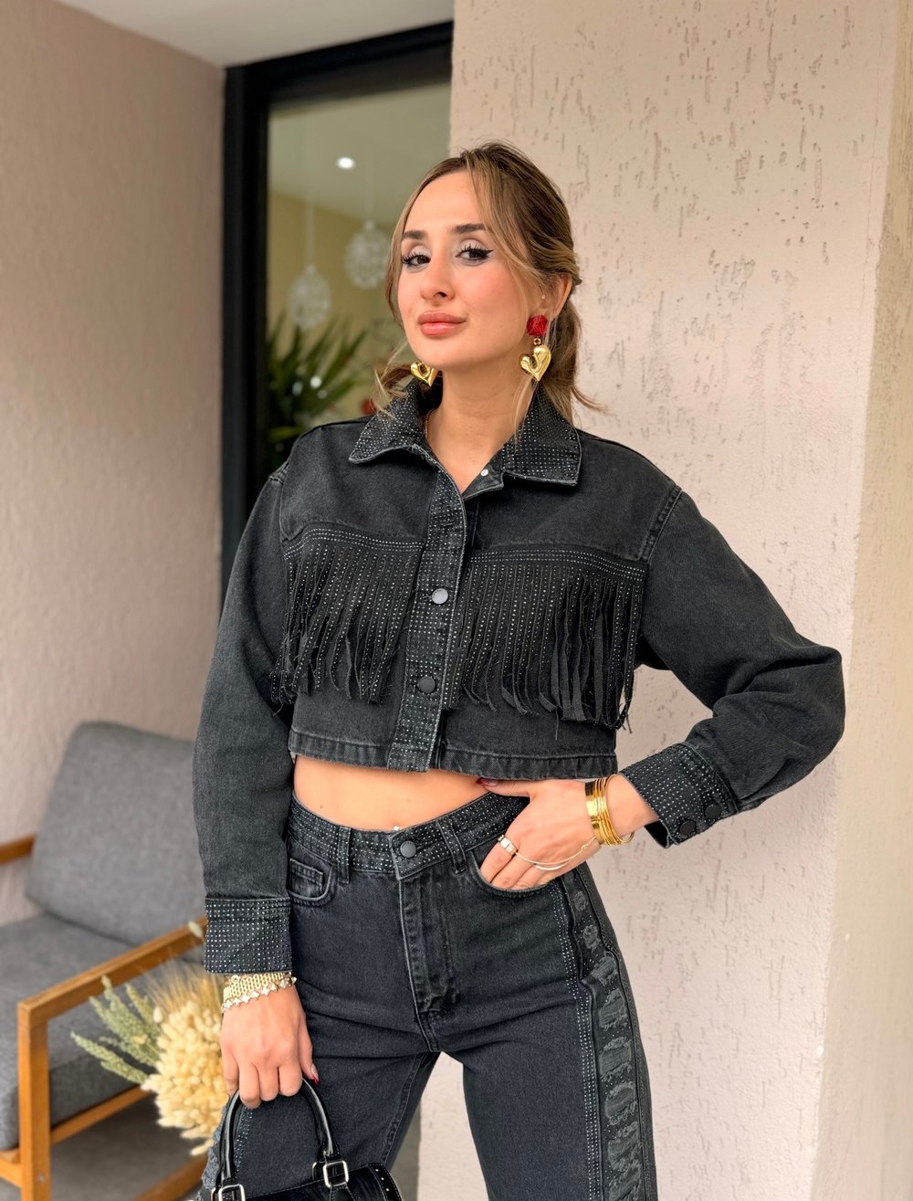 Banne Füme Yakası Manşeti Taşlı Püsküllü Crop Jean Ceket