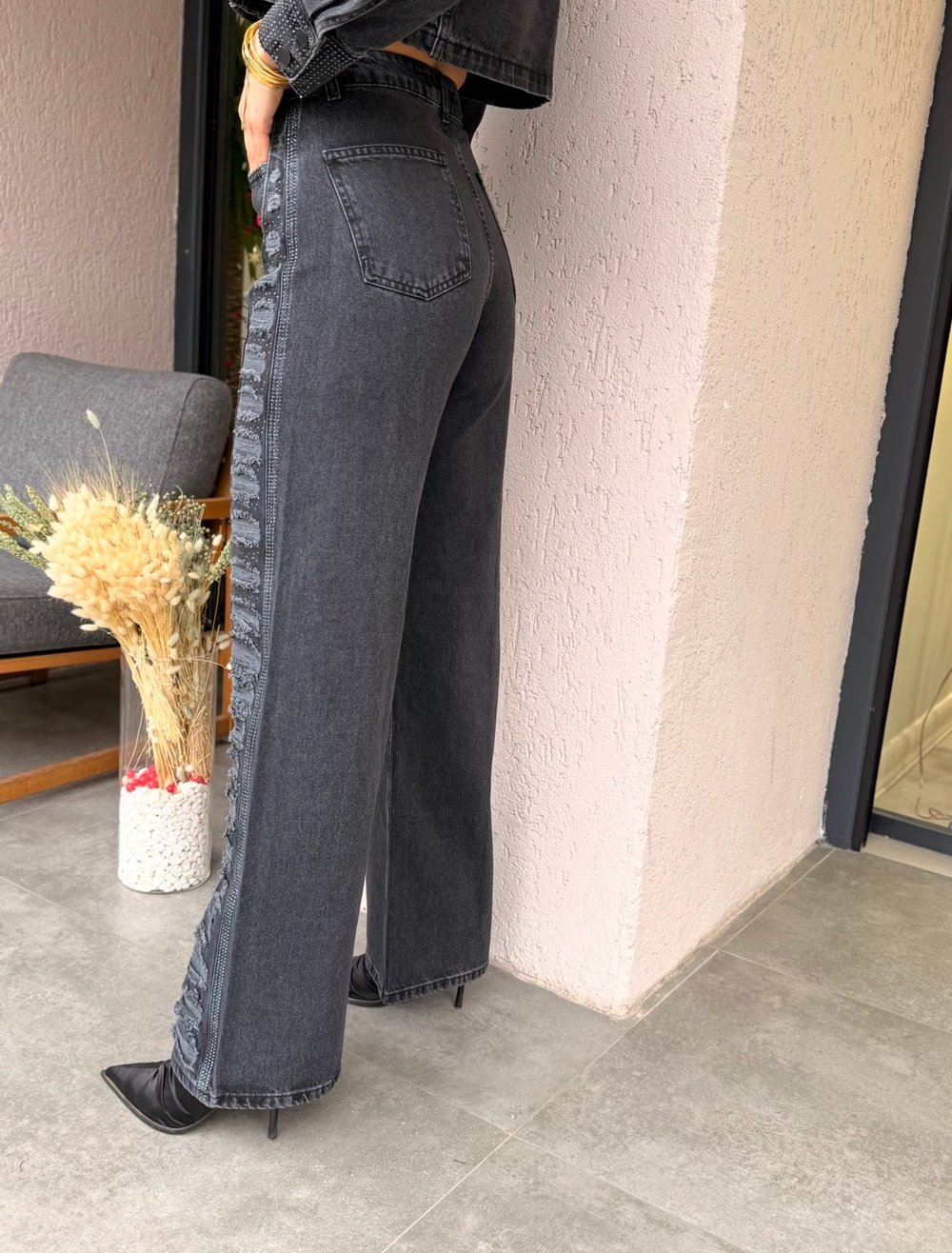 Banne Füme Yanları Taş Detaylı Yüksek Bel Jean 