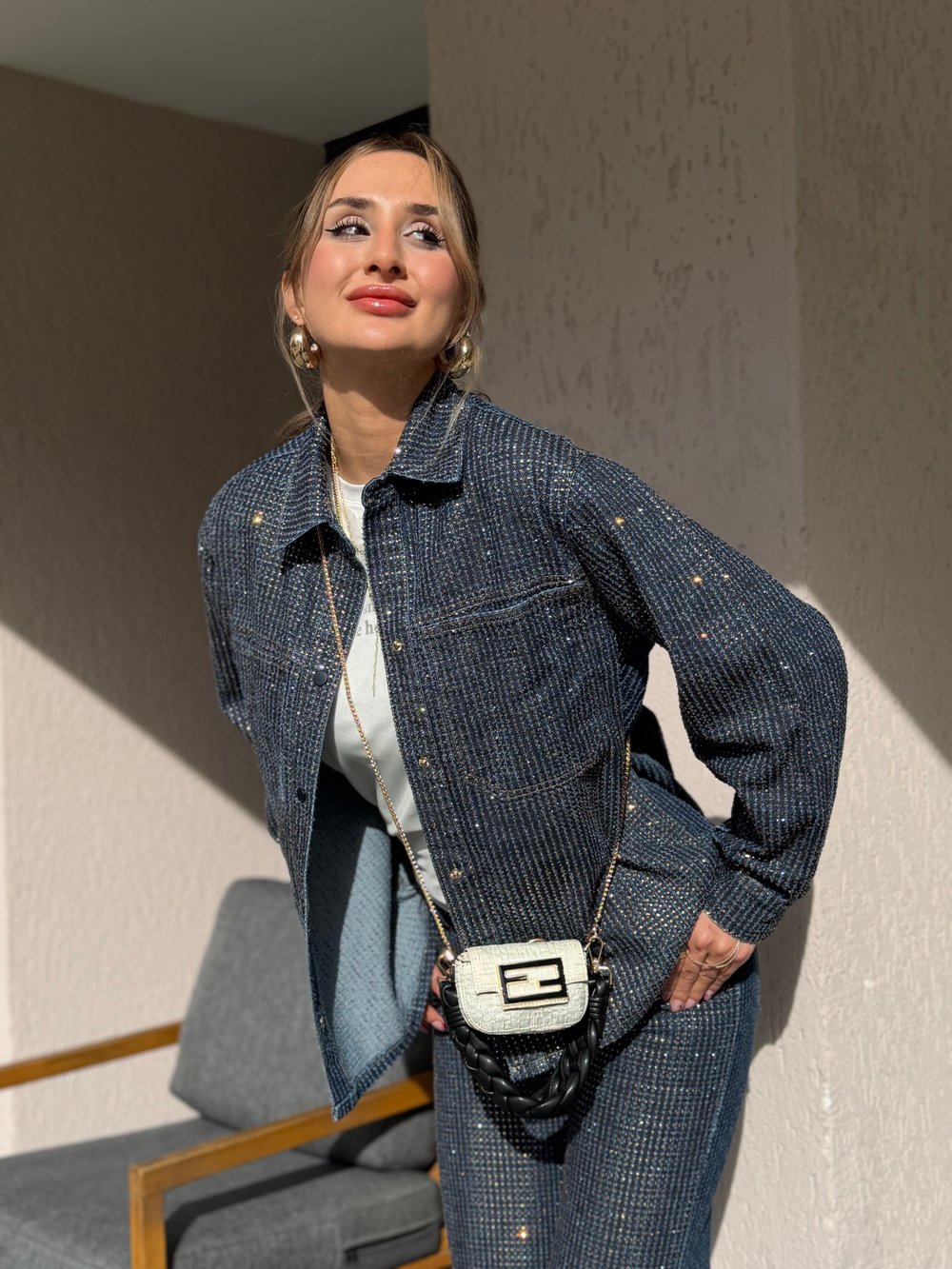 Cesi Full Parlak Taş Detaylı Denim Ceket Gömlek 