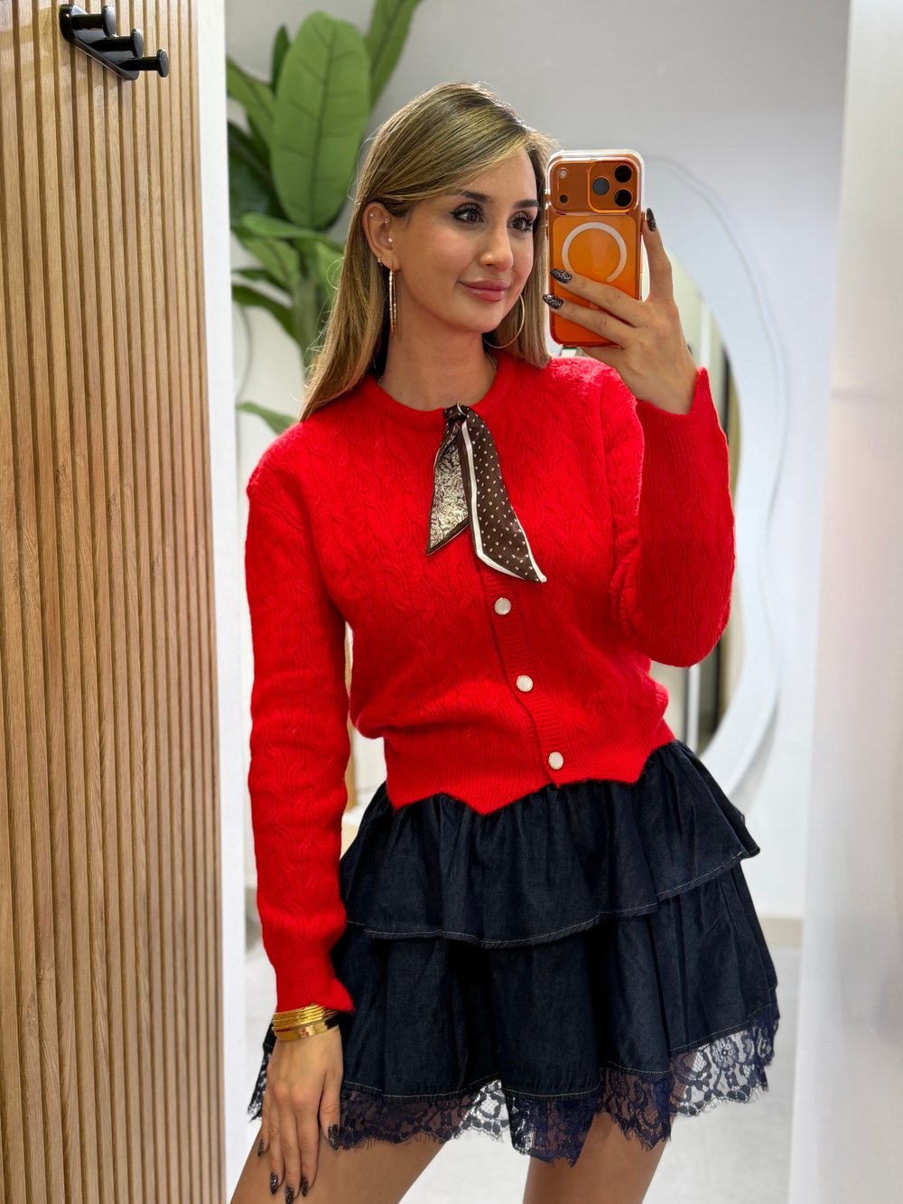 Diana Fularlı Örgü Model Hırka Kırmızı