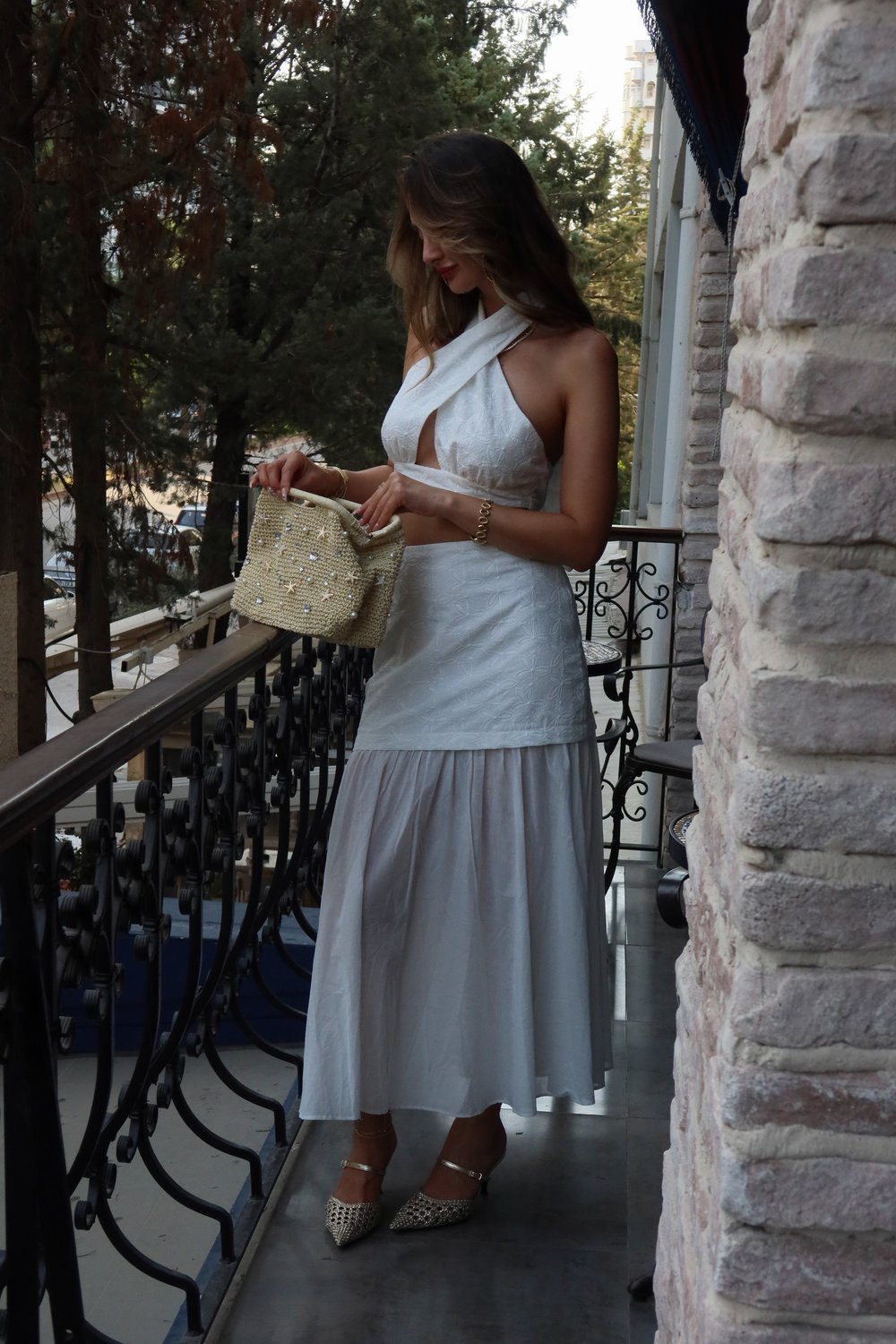 Diana İşleme Detay Crop Etek Takım Beyaz