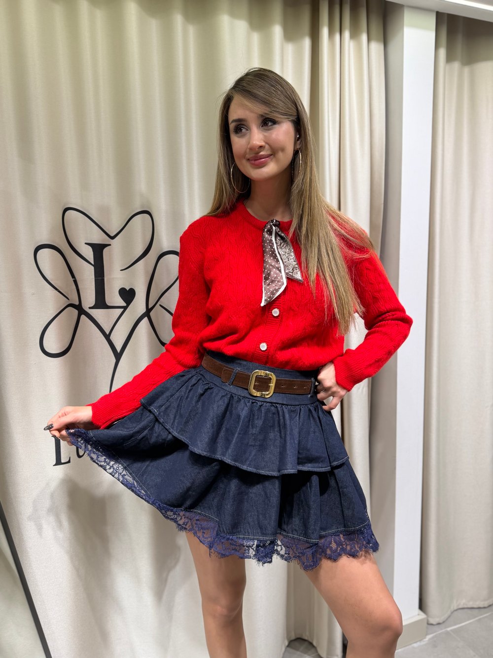 Diana Kendinden Kemerli Fransız Dantelli Denim Etek 