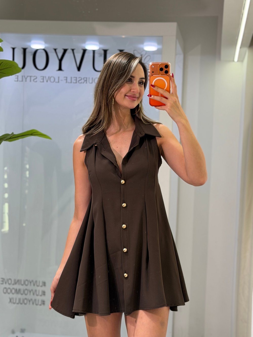 Dora Yakalı Düğme Detay Elbise Kahverengi