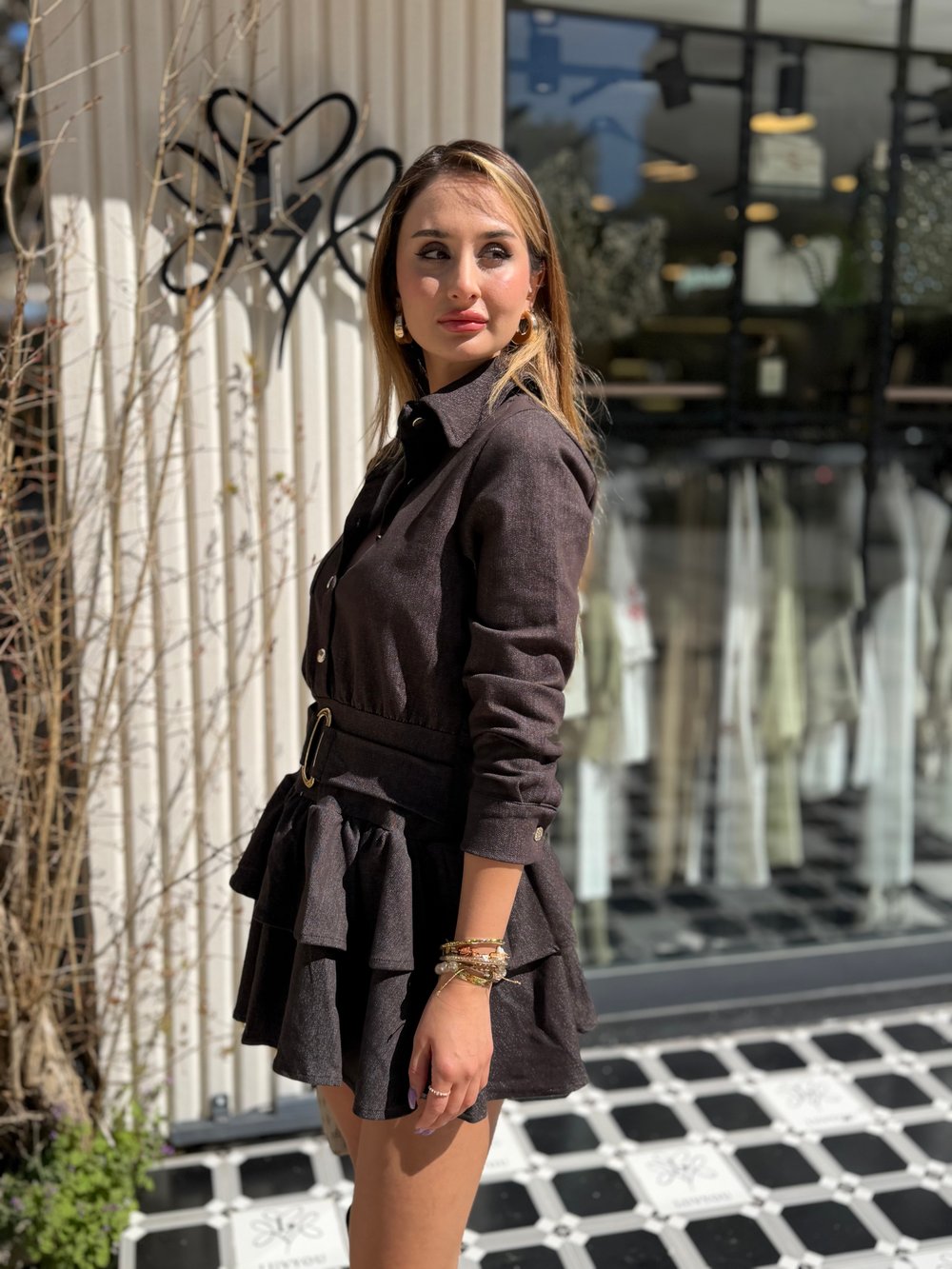 Emma Fırfırlı Denim Elbise Kahverengi