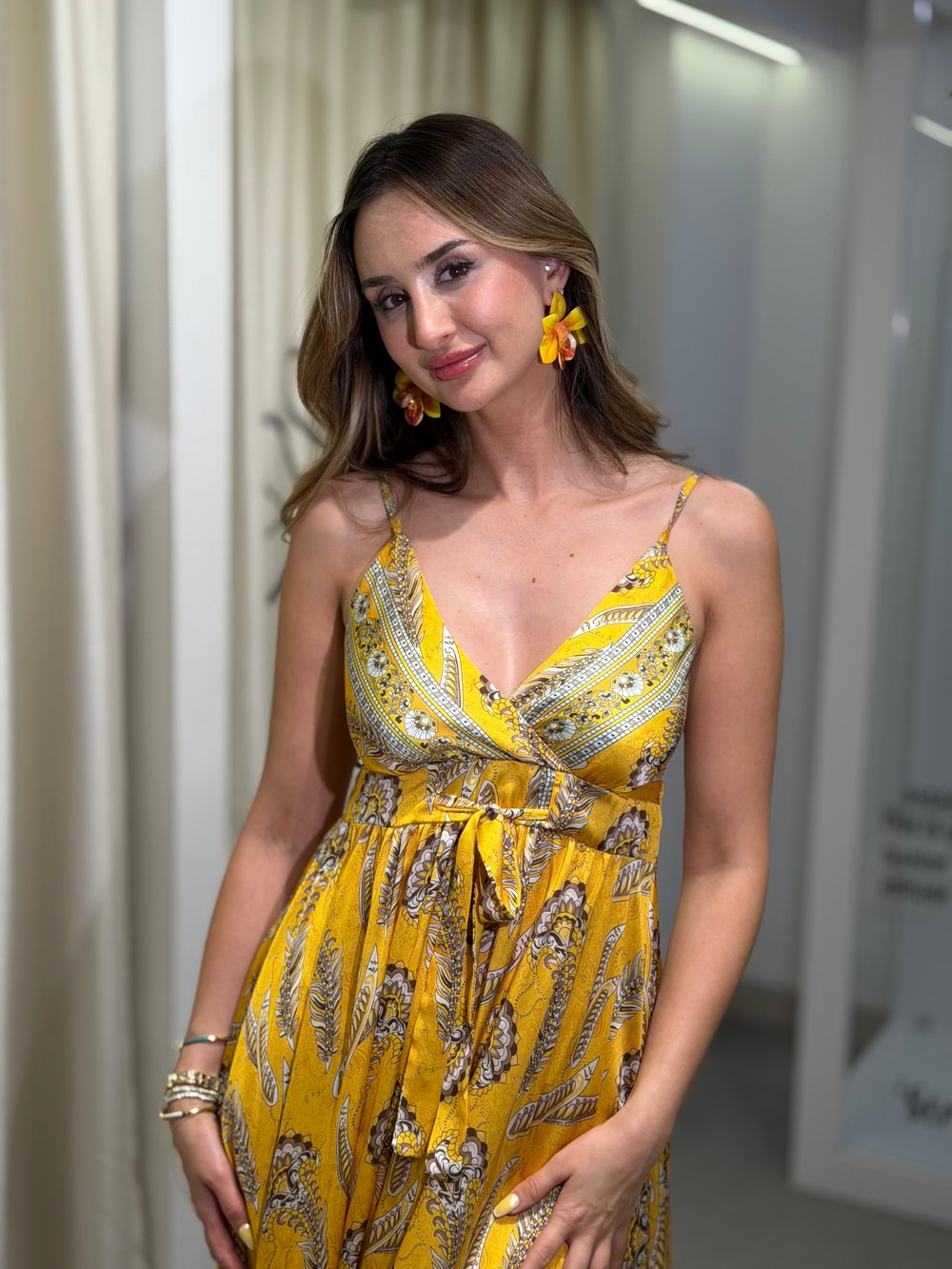 Flora İpek Saten Elbise Sarı