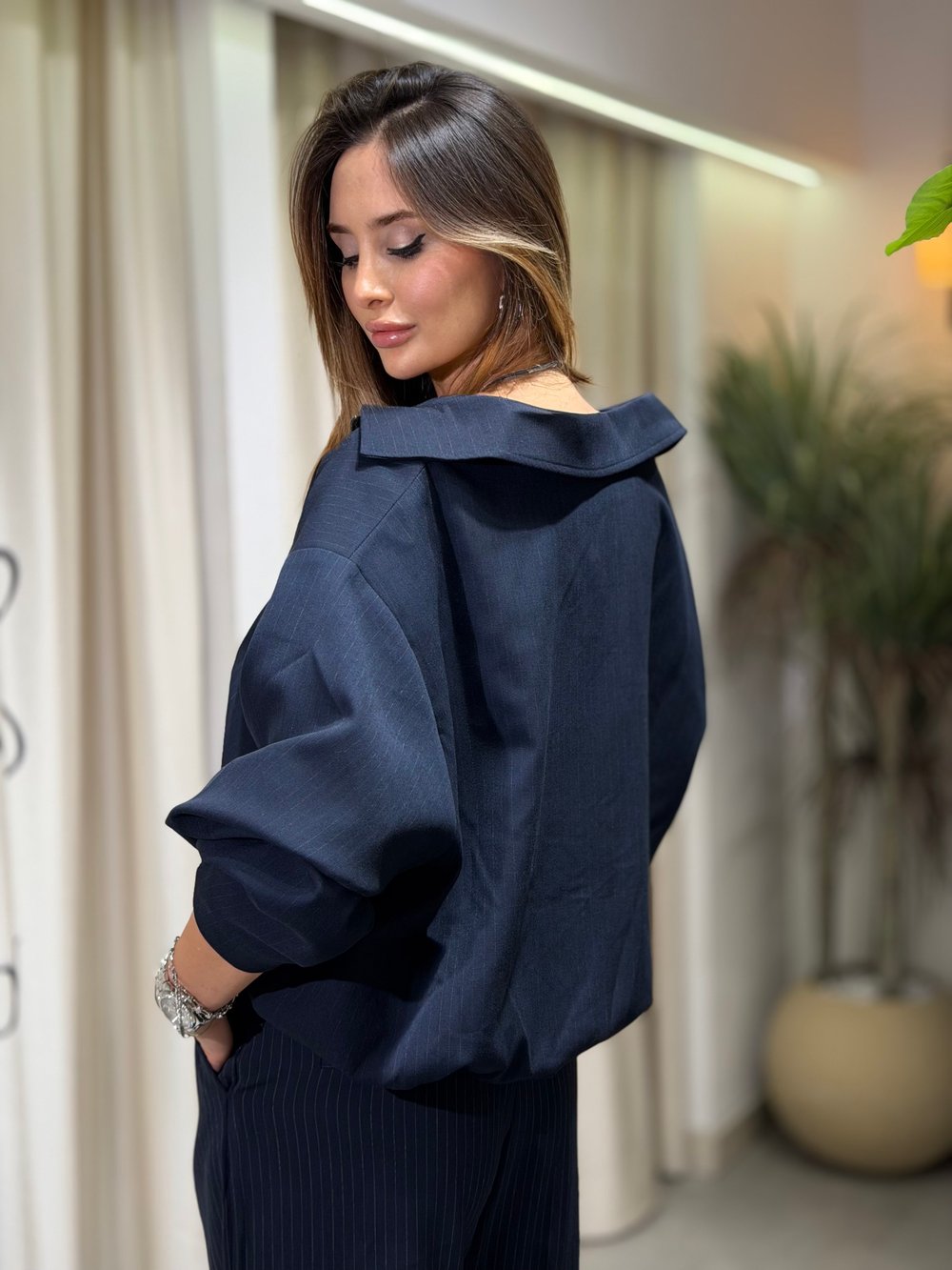 Lena Broş Detay Çizgili Ceket Pantolon Takım Lacivert
