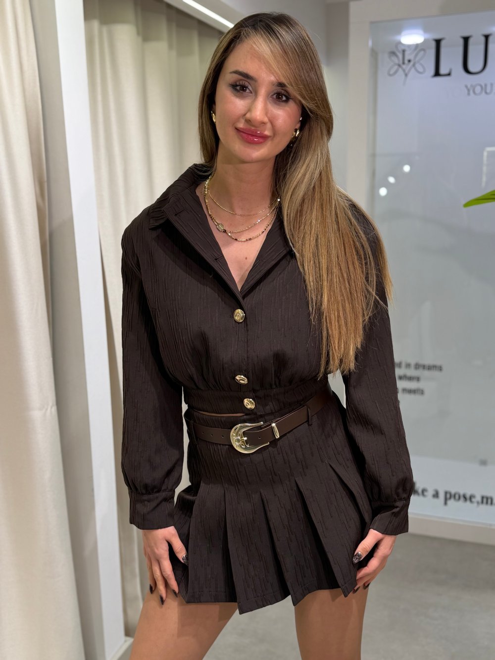 Lexi Crop Ceket Kemerli Etek Takım Kahverengi